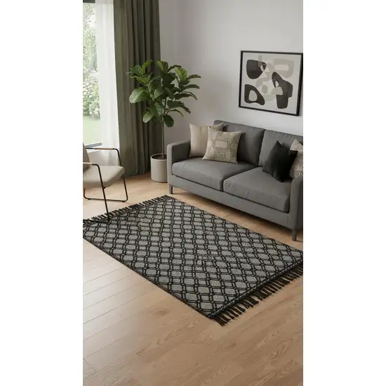 Black And Ivory Wool Geometric Hand Woven Area Rug With Fringe Photo 1
