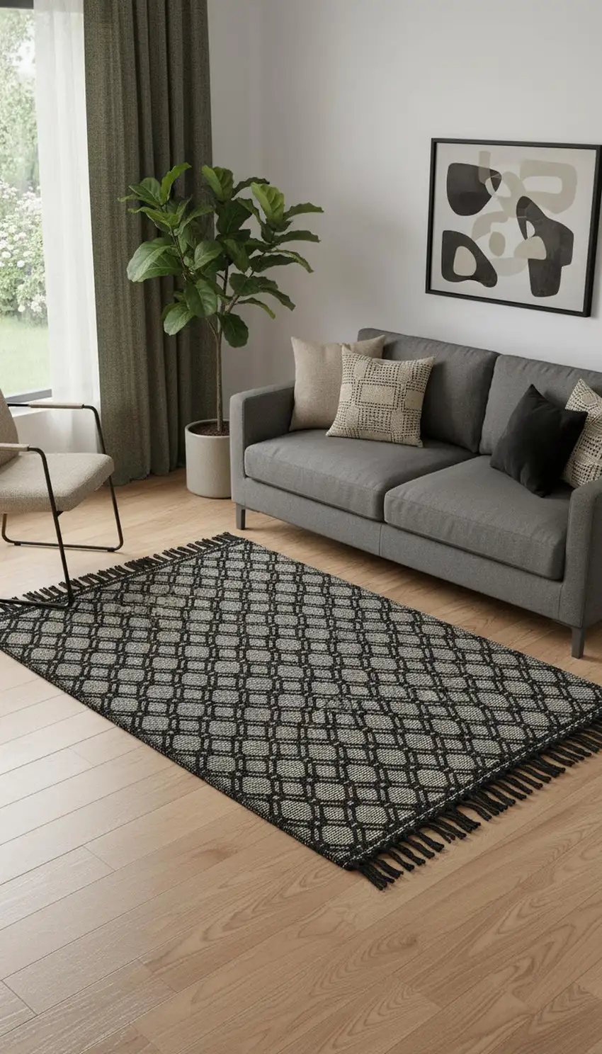 Black And Ivory Wool Geometric Hand Woven Area Rug With Fringe Photo 1