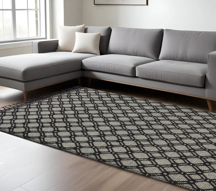 Black And Ivory Wool Geometric Hand Woven Area Rug With Fringe Photo 1