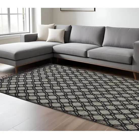 Black And Ivory Wool Geometric Hand Woven Area Rug With Fringe Photo 1