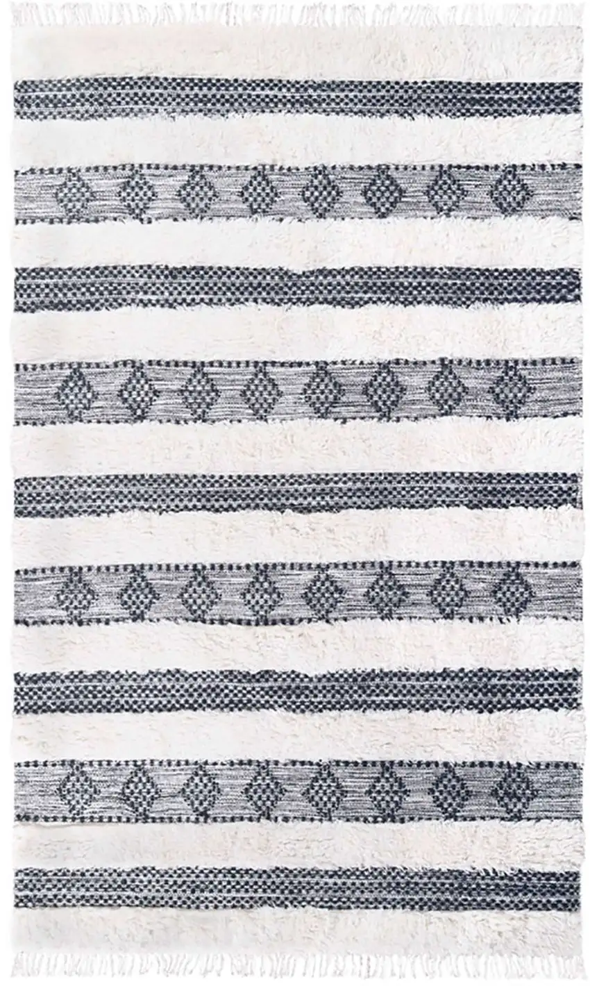 Black And Ivory Wool Striped Flatweave Handmade Stain Resistant Area Rug With Fringe Photo 1