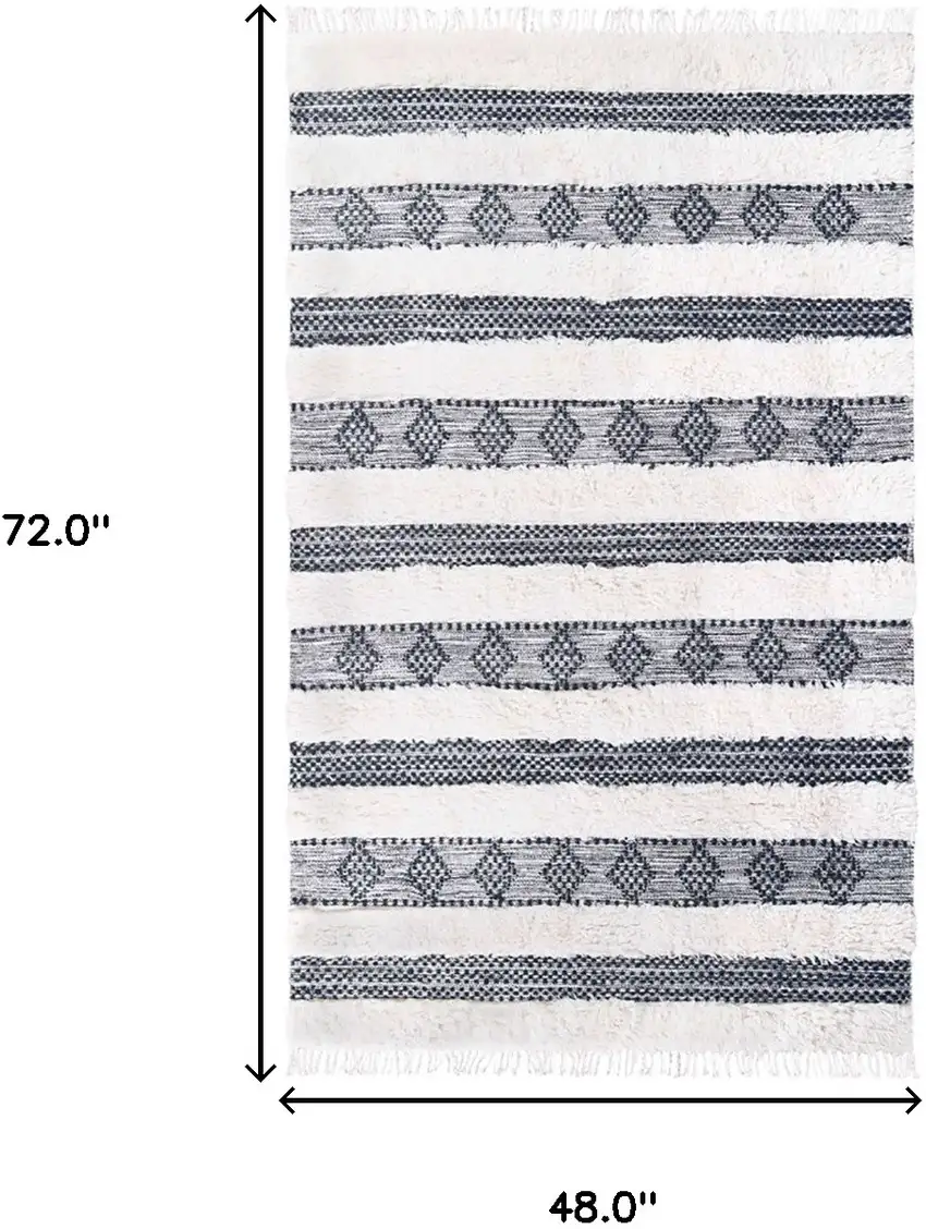 Black And Ivory Wool Striped Flatweave Handmade Stain Resistant Area Rug With Fringe Photo 8