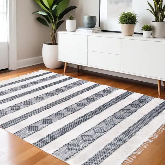 Black And Ivory Wool Striped Shag Flatweave Handmade Area Rug With Fringe Photo 1