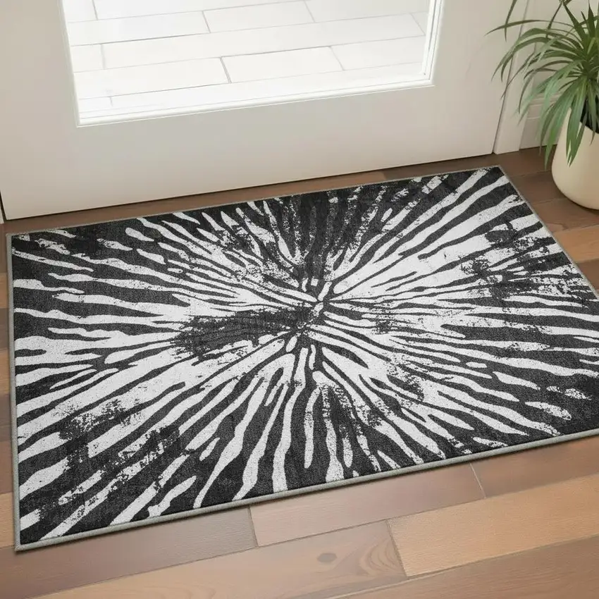 Black And Ivory Zebra Print Washable Area Rug With UV Protection Photo 2