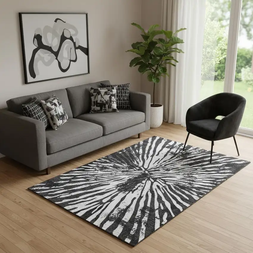 Black And Ivory Zebra Print Washable Area Rug With UV Protection Photo 1