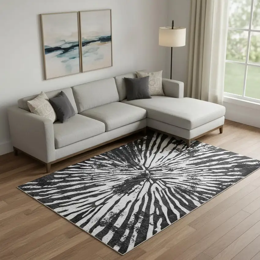 Black And Ivory Zebra Print Washable Area Rug With UV Protection Photo 1