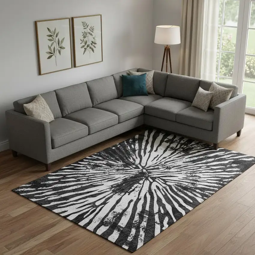 Black And Ivory Zebra Print Washable Area Rug With UV Protection Photo 1