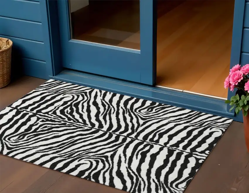 Black And Ivory Zebra Print Washable Indoor Outdoor Area Rug Photo 1