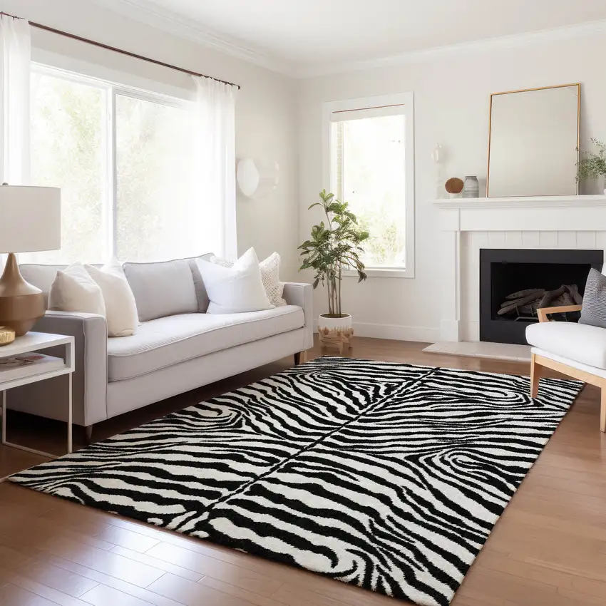 Black And Ivory Zebra Print Washable Indoor Outdoor Area Rug Photo 5