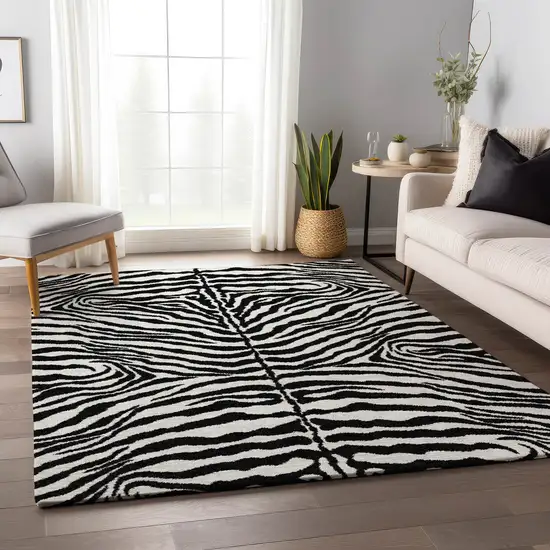 Black And Ivory Zebra Print Washable Indoor Outdoor Area Rug Photo 7