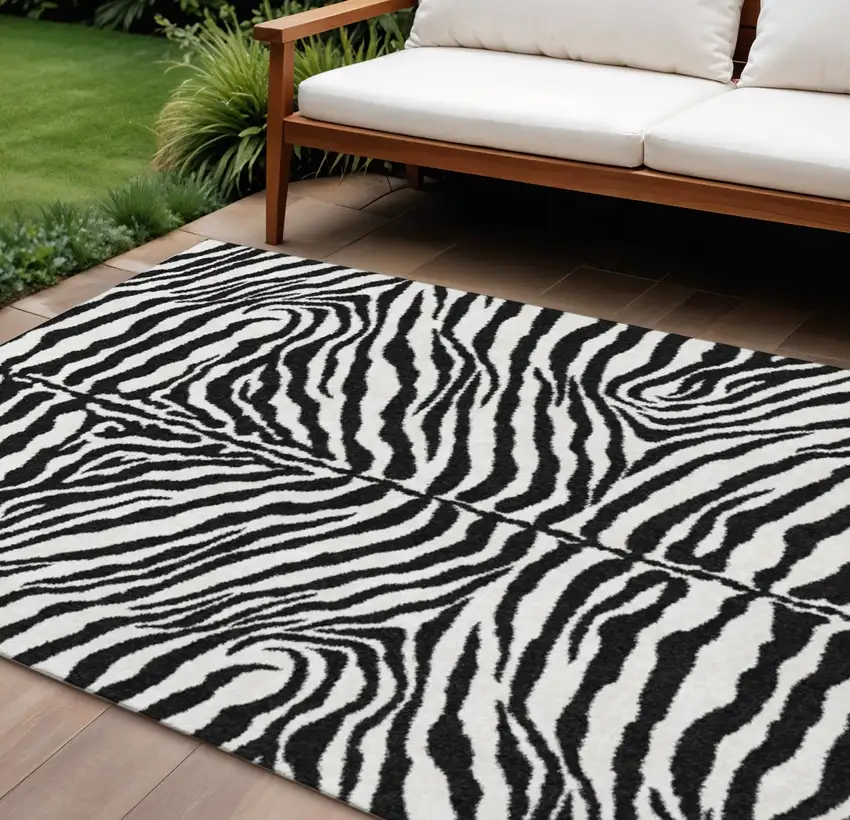 Black And Ivory Zebra Print Washable Indoor Outdoor Area Rug Photo 1