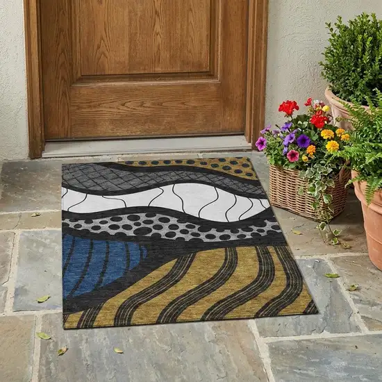 Black And Khaki Abstract Washable Indoor Outdoor Area Rug Photo 1