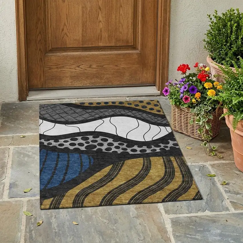 Black And Khaki Abstract Washable Indoor Outdoor Area Rug Photo 1