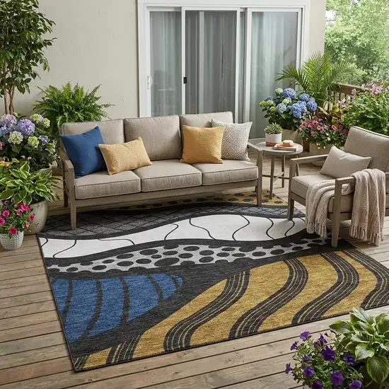 Black And Khaki Abstract Washable Indoor Outdoor Area Rug Photo 1