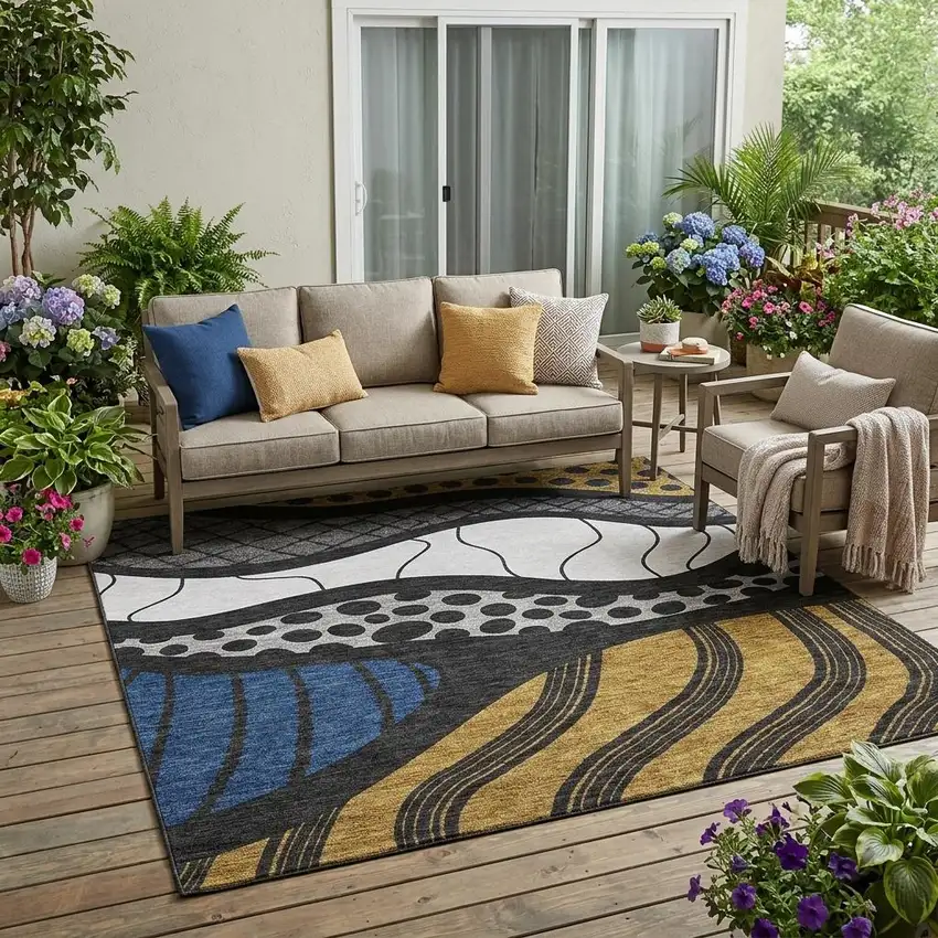Black And Khaki Abstract Washable Indoor Outdoor Area Rug Photo 1