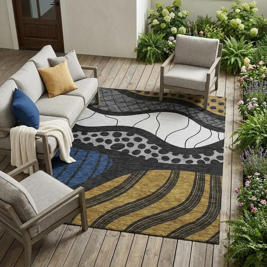 Black And Khaki Abstract Washable Indoor Outdoor Area Rug Photo 1