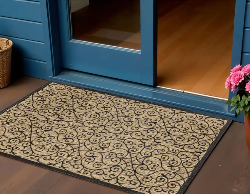 Black And Khaki Geometric Indoor Outdoor Area Rug Photo 1