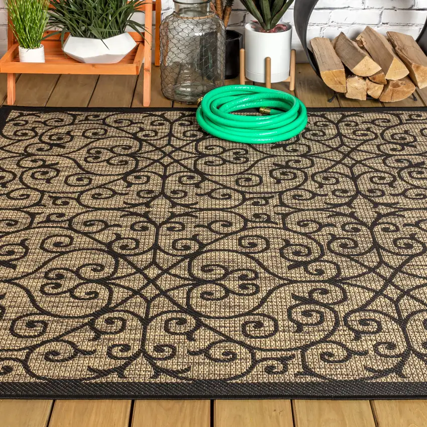 Black And Khaki Geometric Indoor Outdoor Area Rug Photo 7