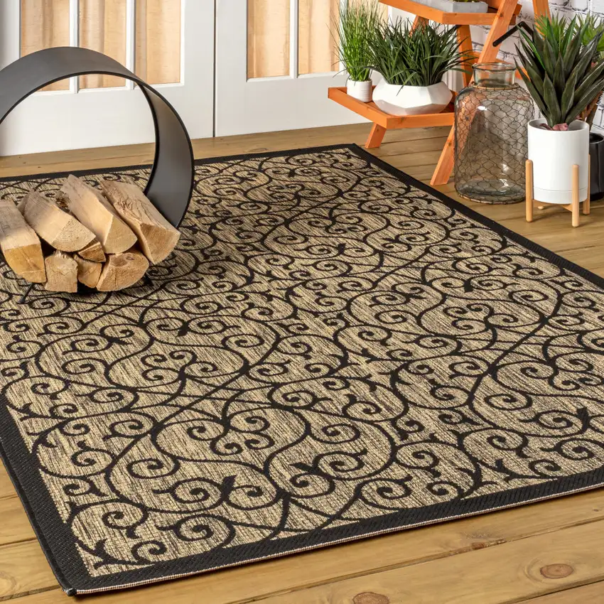 Black And Khaki Geometric Indoor Outdoor Area Rug Photo 5