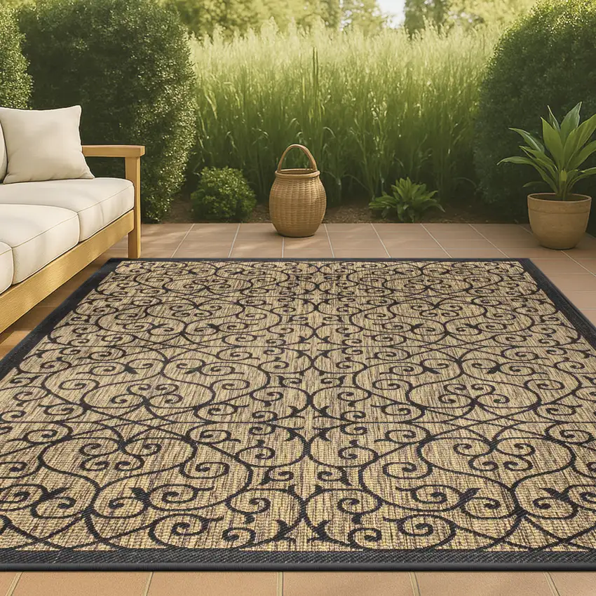 Black And Khaki Geometric Indoor Outdoor Area Rug Photo 4