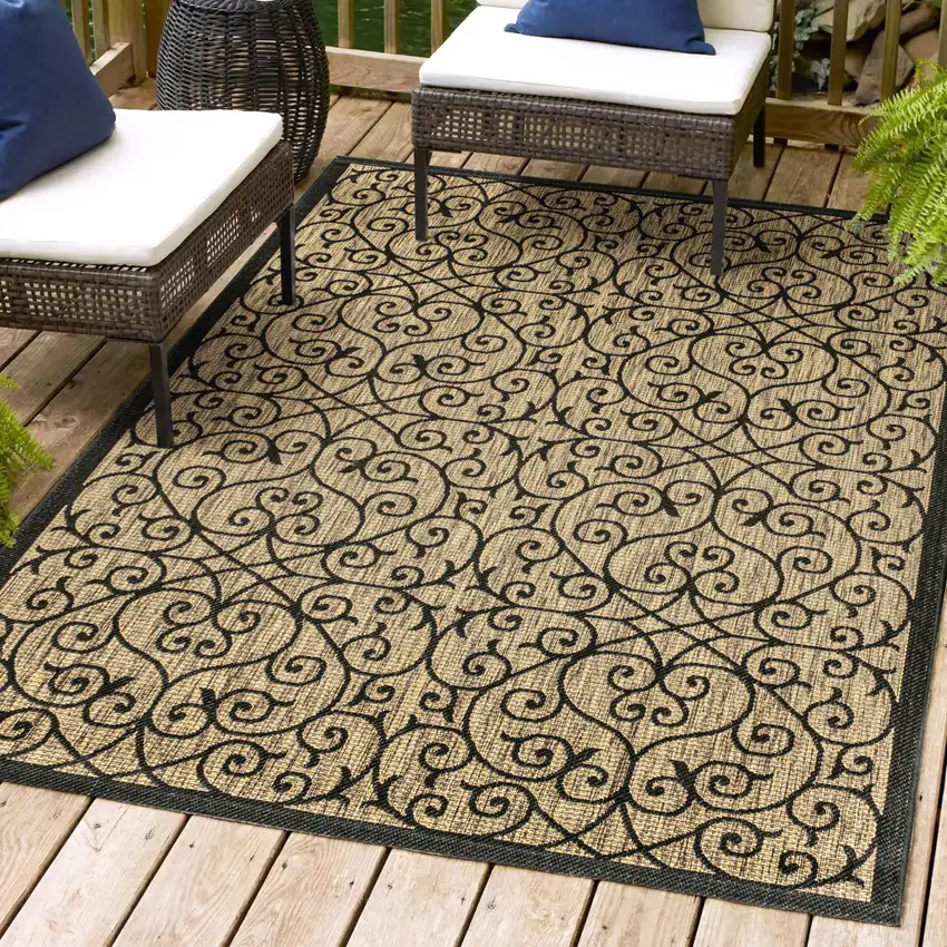 Black And Khaki Geometric Indoor Outdoor Area Rug Photo 9