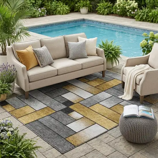Black And Khaki Geometric Washable Indoor Outdoor Area Rug Photo 1