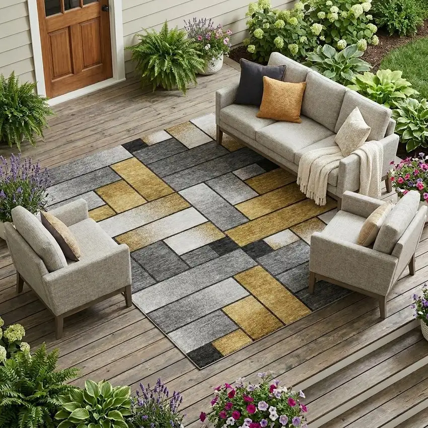 Black And Khaki Geometric Washable Indoor Outdoor Area Rug Photo 1