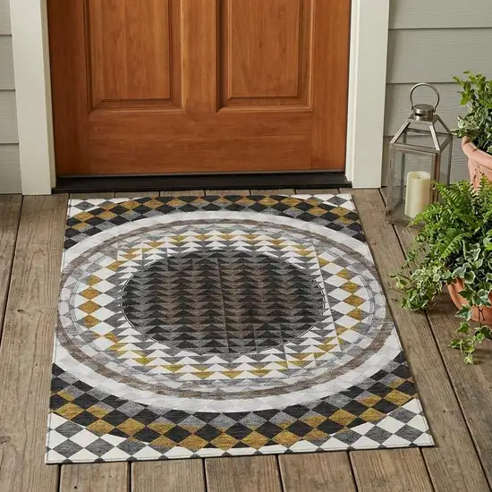 Black And Linen Geometric Washable Indoor Outdoor Area Rug Photo 1