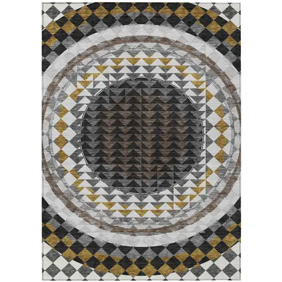 Black And Linen Geometric Washable Indoor Outdoor Area Rug Photo 2