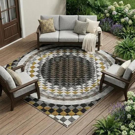 Black And Linen Geometric Washable Indoor Outdoor Area Rug Photo 1