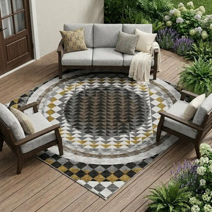 Black And Linen Geometric Washable Indoor Outdoor Area Rug Photo 1