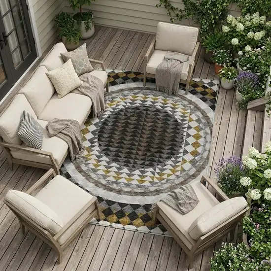 Black And Linen Geometric Washable Indoor Outdoor Area Rug Photo 1