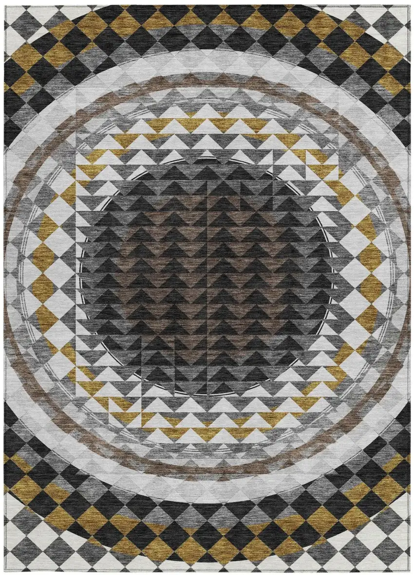 Black And Linen Geometric Washable Indoor Outdoor Area Rug Photo 4