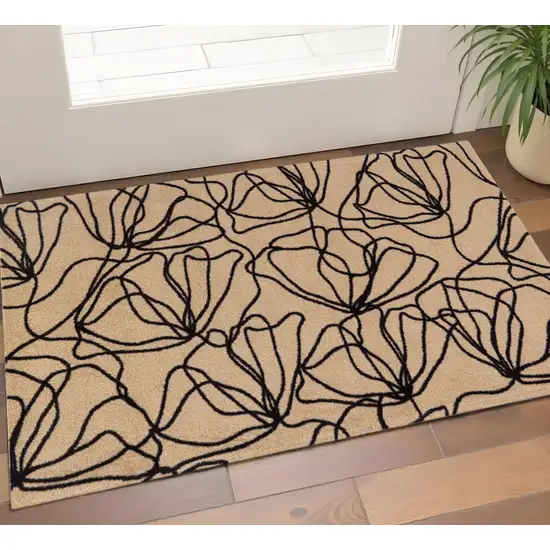 Beige And Black Floral Washable Area Rug With UV Protection Photo 1