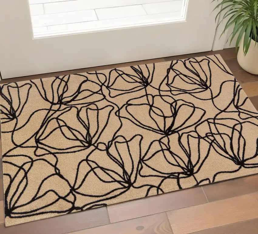 Beige And Black Floral Washable Area Rug With UV Protection Photo 1