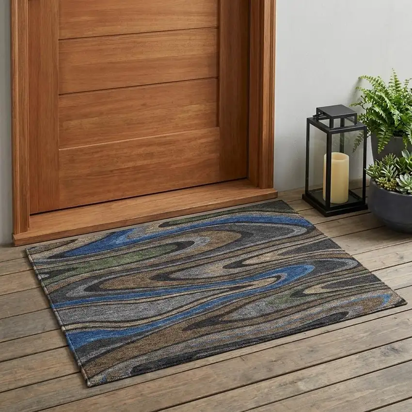 Black And Navy Blue Abstract Washable Indoor Outdoor Area Rug Photo 1