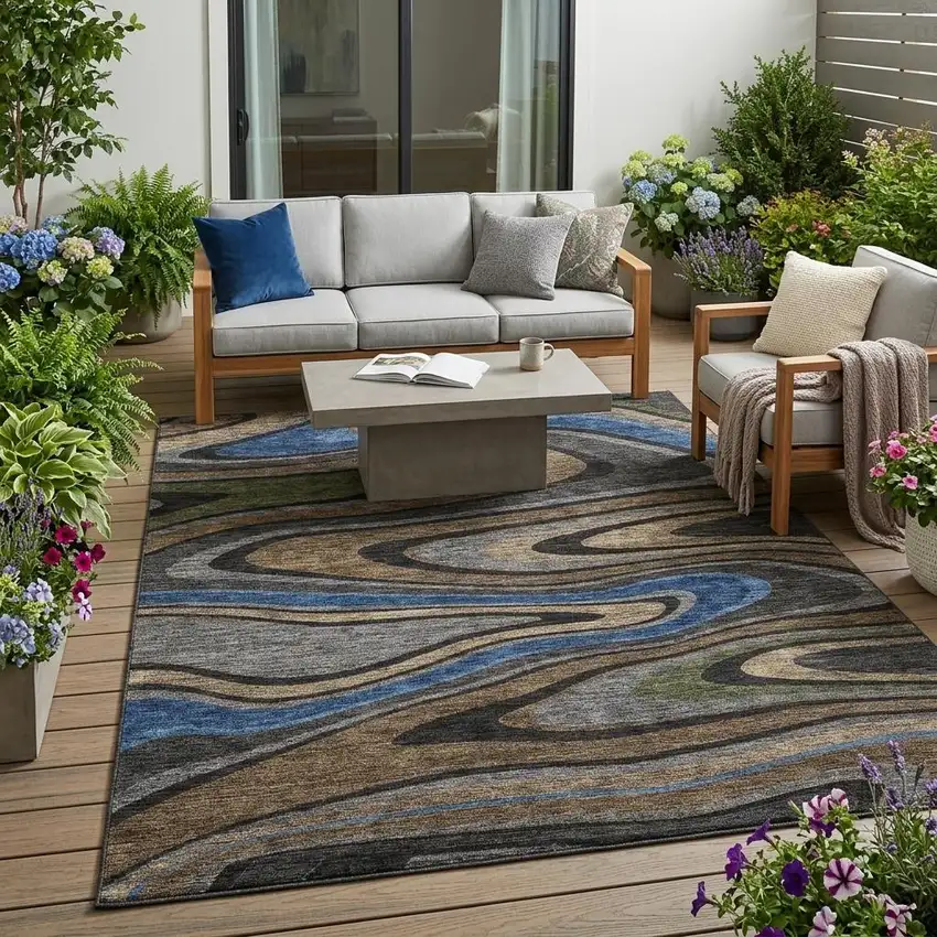 Black And Navy Blue Abstract Washable Indoor Outdoor Area Rug Photo 1