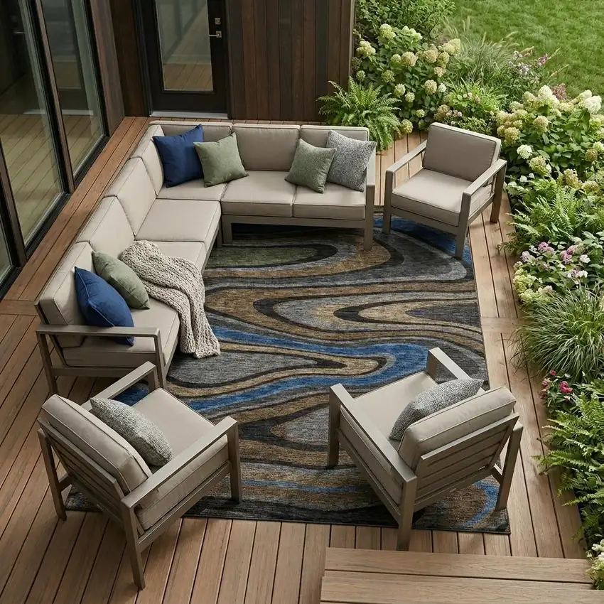 Black And Navy Blue Abstract Washable Indoor Outdoor Area Rug Photo 1