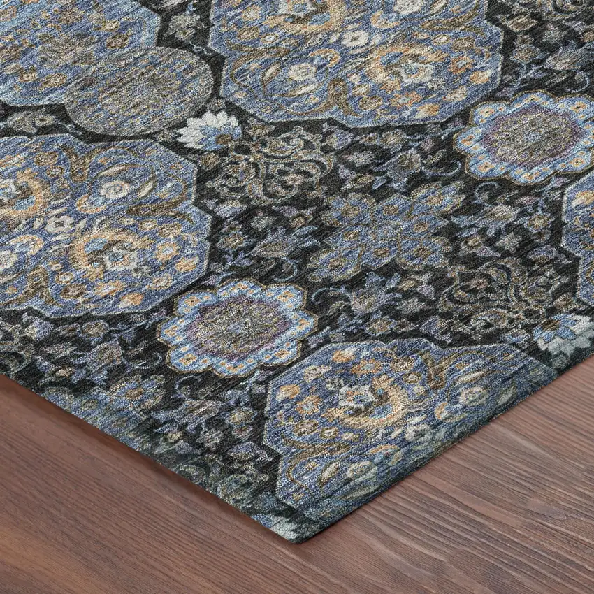 Black And Navy Blue Floral Washable Indoor Outdoor Area Rug Photo 5