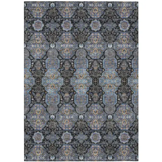 Black And Navy Blue Floral Washable Indoor Outdoor Area Rug Photo 2