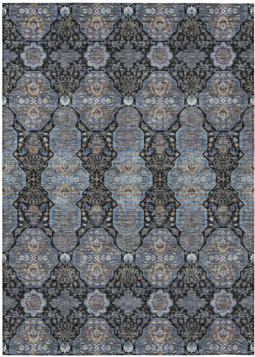 Black And Navy Blue Floral Washable Indoor Outdoor Area Rug Photo 2