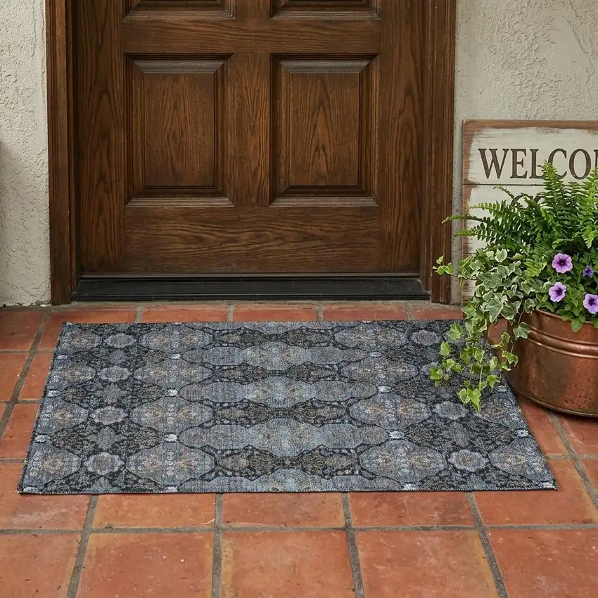 Black And Navy Blue Floral Washable Indoor Outdoor Area Rug Photo 1