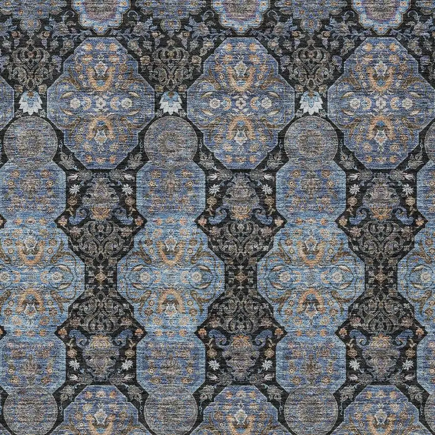 Black And Navy Blue Floral Washable Indoor Outdoor Area Rug Photo 3