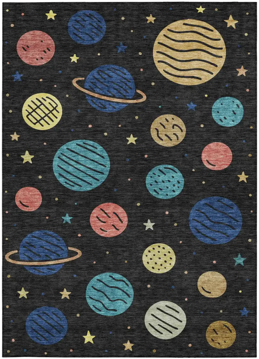 Black And Navy Blue Floral Washable Indoor Outdoor Area Rug Photo 3