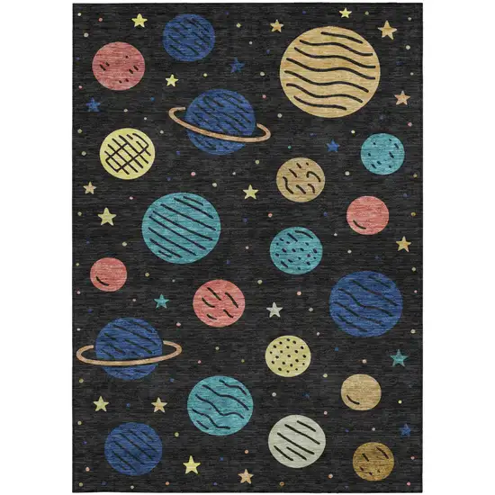 Black And Navy Blue Floral Washable Indoor Outdoor Area Rug Photo 2