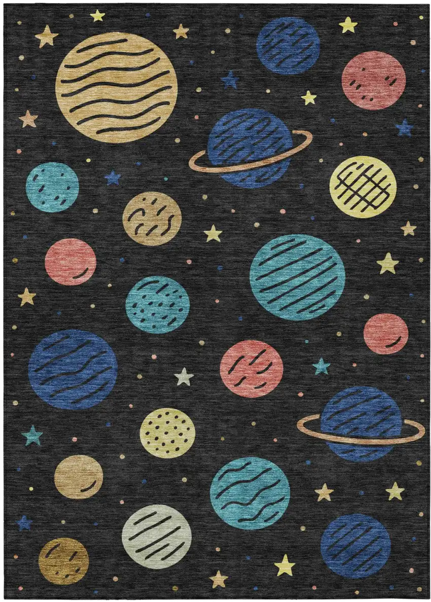 Black And Navy Blue Floral Washable Indoor Outdoor Area Rug Photo 1
