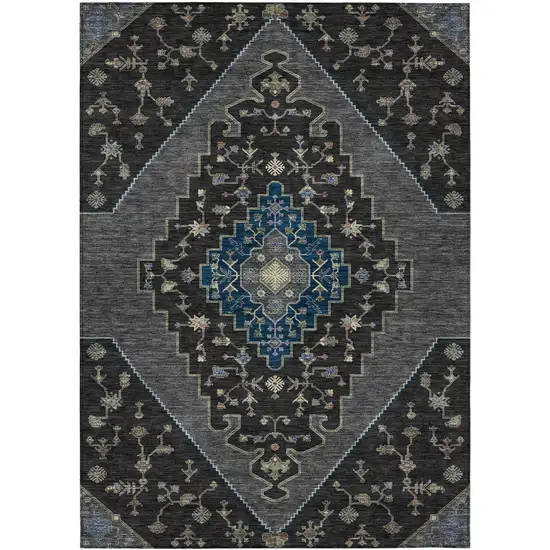 Black And Navy Blue Geometric Washable Indoor Outdoor Area Rug Photo 1