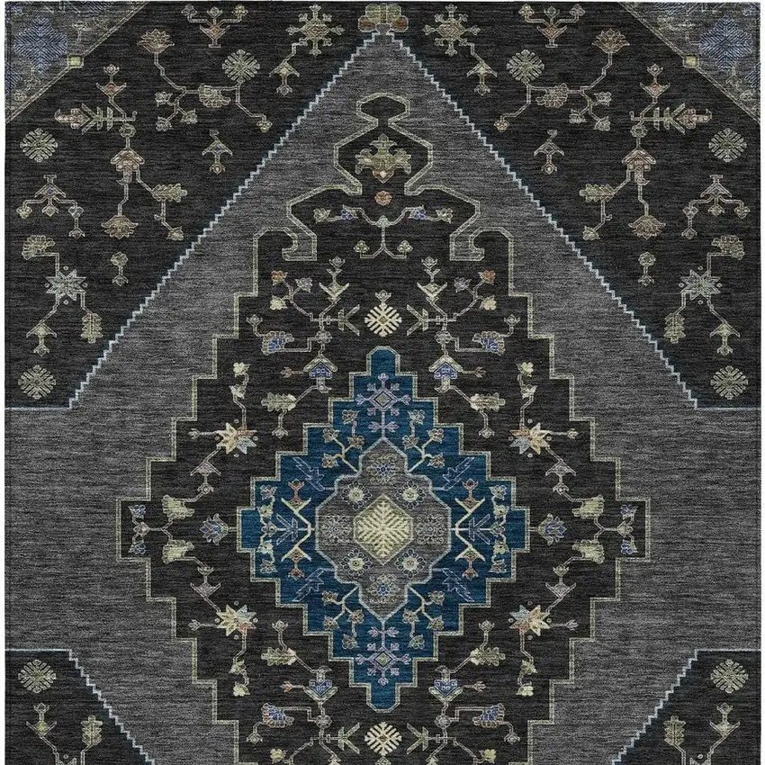 Black And Navy Blue Geometric Washable Indoor Outdoor Area Rug Photo 3