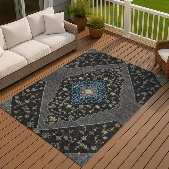 Black And Navy Blue Geometric Washable Indoor Outdoor Area Rug Photo 7