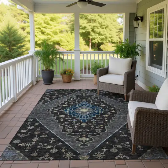 Black And Navy Blue Geometric Washable Indoor Outdoor Area Rug Photo 4